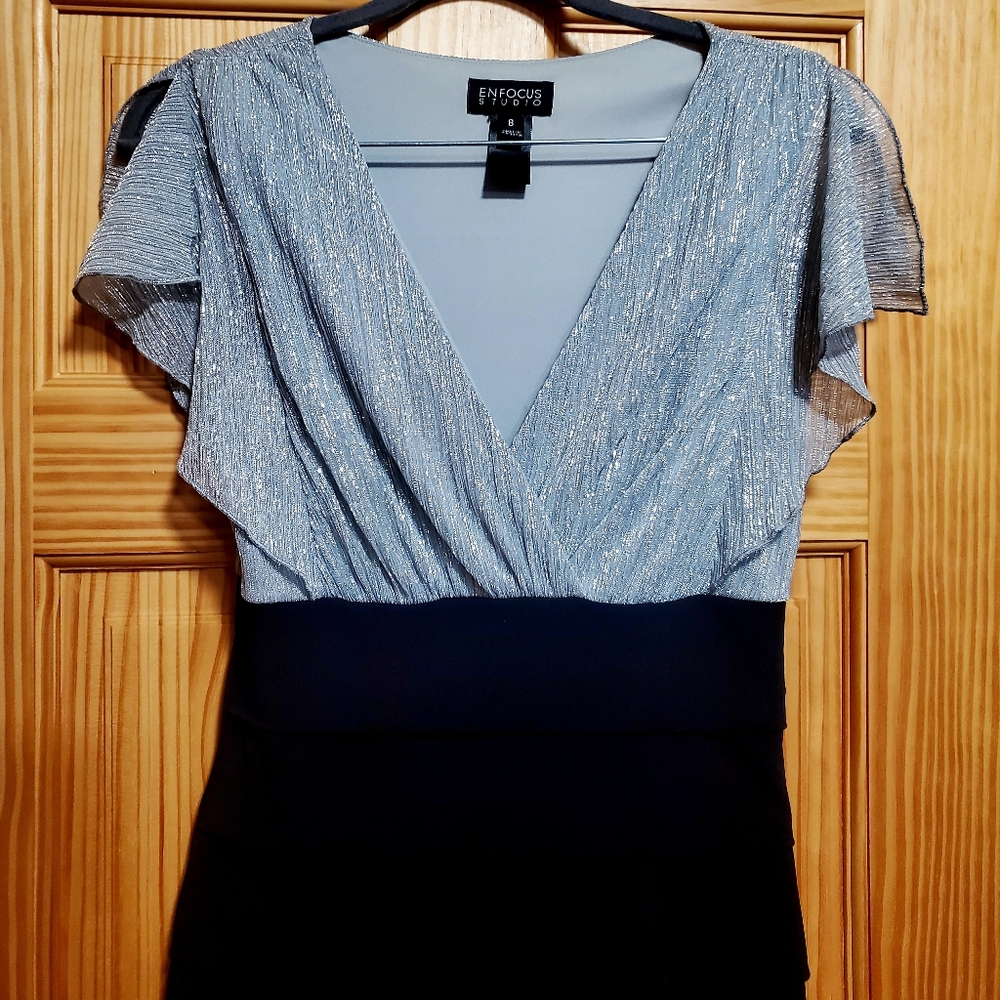 Beautiful silver and black dress by Enfocus Studio. Size 8